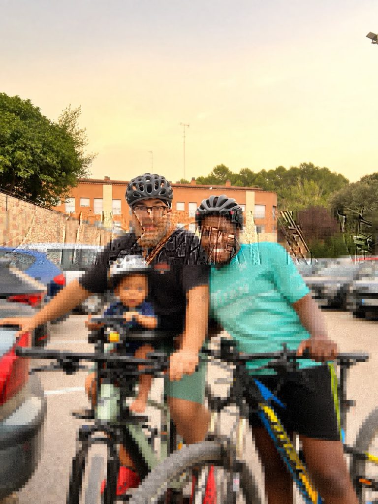 Edith Otavero cycling with her husband and young son near Barcelona